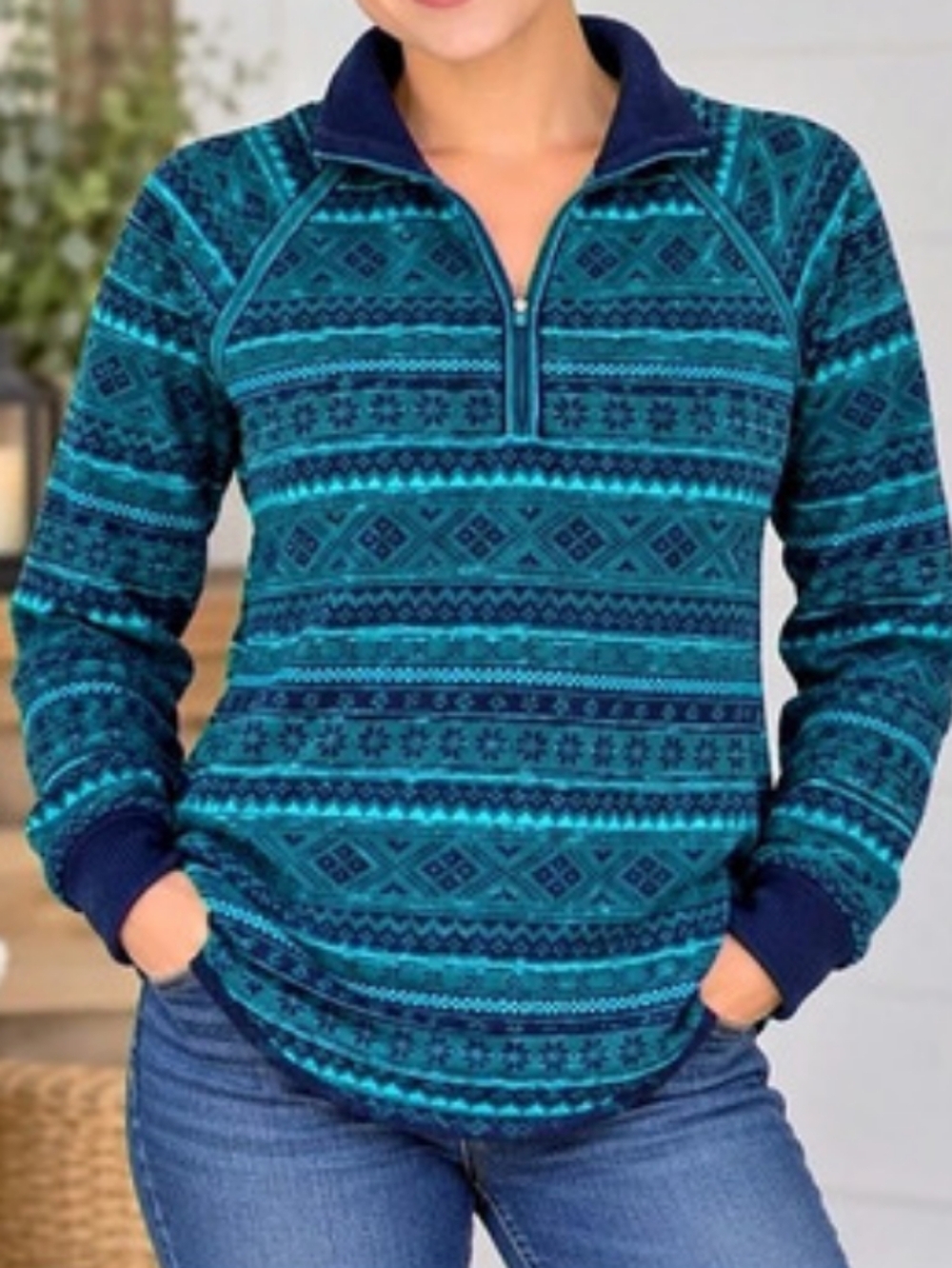 Eddie Bauer Fair Isle Quarter-Zip Mock Neck Sweater Long Sleeves Women's